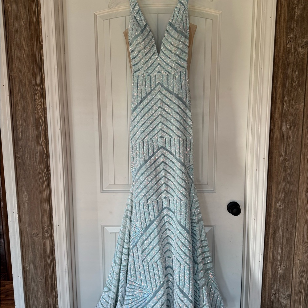 Jovani Light Blue Sequin Plunge V-Neck Gown